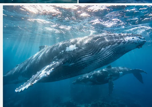 Illustrative underwater image of a humpback whale in blue ocean water